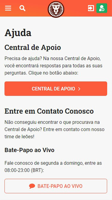 LeoVegas atendimento: pode clicar no botão Central de Apoio ou no de Bate-papo ao vivo.