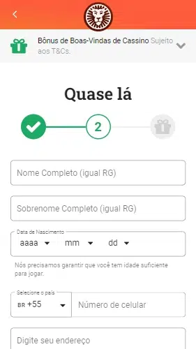 Passo 2 do cadastro LeoVegas: campos para inserir nome completo, sobrenome completo, data de nascimento, país, número de celular, endereço etc. 