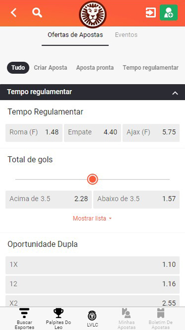 LeoVegas Mercados de apostas: exemplo apresenta apostas em tempo regulamentar, total de gols ou em oportunidade dupla para partida Roma vs Ajax.