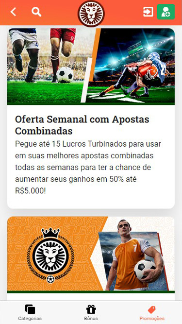 LeoVegas promoções: imagem mostra promoção de Esportes Oferta Semanal com Apostas Combinadas