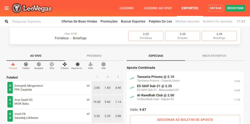 LeoVegas website: imagem mostra abas de partidas ao vivo, próximos jogos, especiais e meus favoritos.