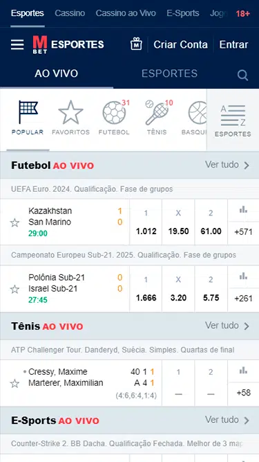 Captura da tela de Marathonbet apostas ao vivo com partidas acontecendo no momento: Kazakhstan vs San Marino, Polônia Sub-21 vs Israel Sub-21 etc. 