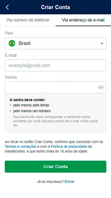 Captura da primeira tela de cadastro Marathonbet com os campos a serem preenchidos: País, E-mail e Senha. 