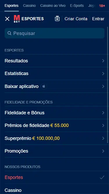 Captura de tela demonstrando a plataforma Marathonbet com as opções de navegação disponíveis: Esportes: resultados, estatísticas, baixar aplicativo; Fidelidade e promoções: fidelidade e bônus, prêmios de fidelidade, superprêmio, promoções etc. 