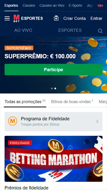 Captura de tela com as promoções Marathonbet disponíveis. 