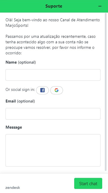 Suporte da MarjoSports: pode inserir nome e e-mail para iniciar atendimento ou entrar com Facebook ou Google.