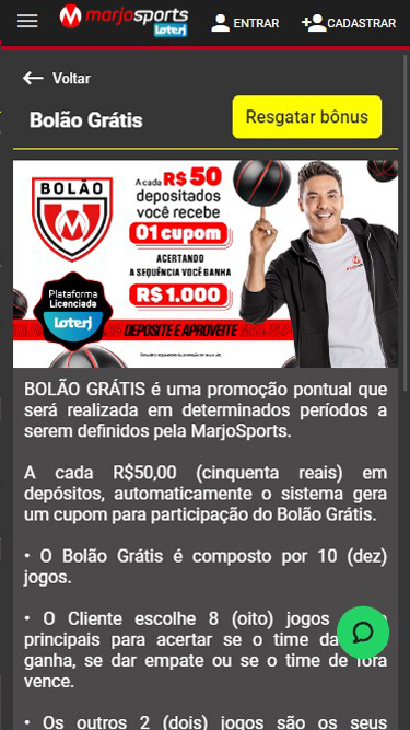 MarjoSports promoção Bolão Grátis: recebe 1 cupom a cada R$50 depositados
