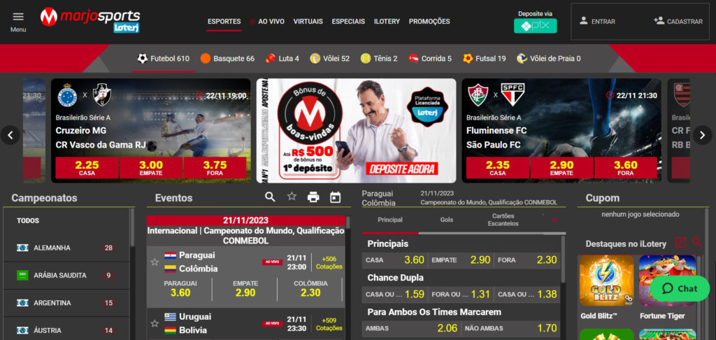 Site MarjoSports: imagem mostra bônus de boas-vindas, e abas de Campeonatos, Eventos, Principais partidas e Cupom de apostas.