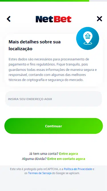 Passo 5 do cadastro Netbet: campo para inserir localização e endereço. 