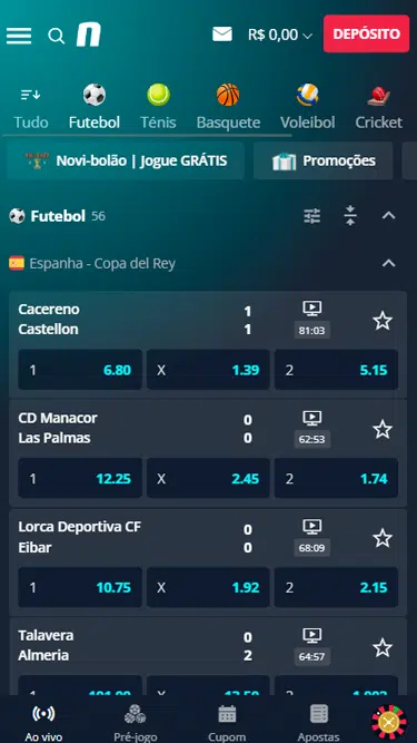 Captura de tela demonstrando a Novibet aposta simples com jogos da Copa del Rey da Espanha. 