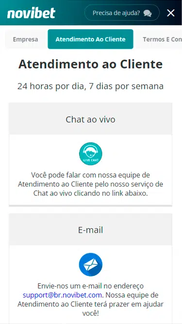 Captura de tela da página de atendimento ao cliente Novibet com as opções disponíveis: chat ao vivo, e-mail etc. Tudo 24 horas por dia, 7 dias por semana. 