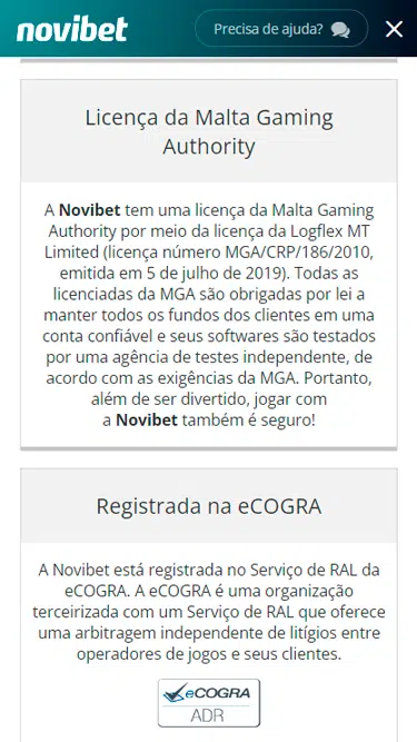 Captura de tela do site da Novibet demonstrando a confiabilidade com base no registro na eCOGRA e a licença da Malta Gaming Authority.