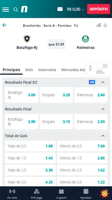 Captura de tela dos mercados disponíveis Novibet: resultado final, total de gols etc. em jogo de Botafogo e Palmeiras. 