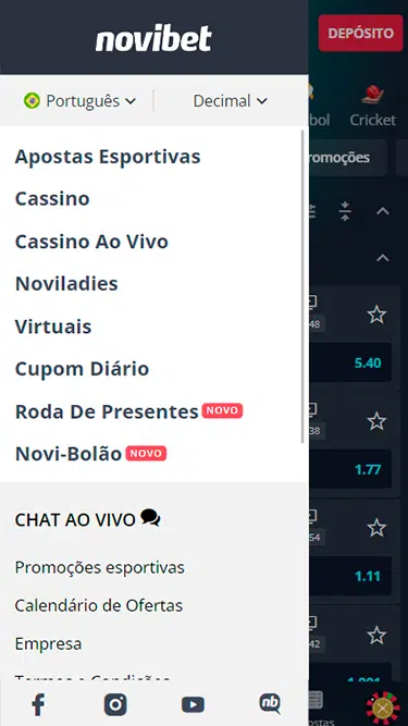 Captura de tela demonstrando a plataforma Novibet e suas opções: apostas esportivas, cassino, cassino ao vivo, noviladies, virtuais, cupom diário etc. 