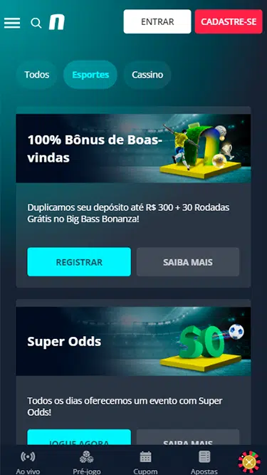 Novibet promoções demonstradas na aba Esportes: 100% de Bônus de Boas-vindas e depósito duplicado de até R$300 + 30 rodadas grátis no Big Bass Bonanza. 