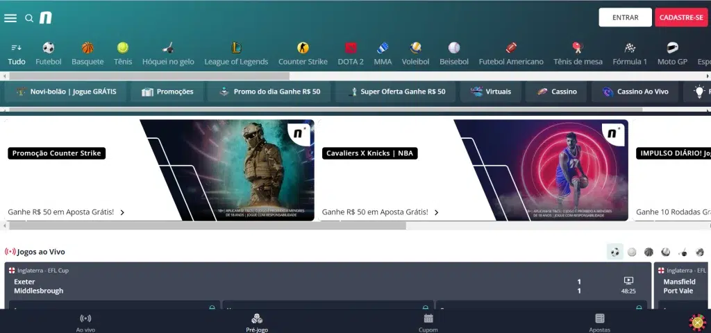 Captura de tela demonstrando o Novibet website na versão desktop com opções de esportes e outras informações da plataforma.