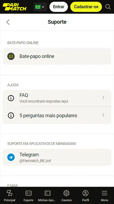 Página de atendimento Parimatch com as opções disponíveis: perguntas frequentes, Telegram e chat ao vivo. 