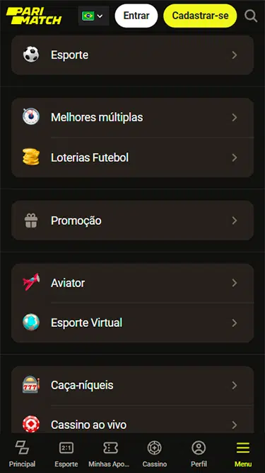 Plataforma Parimatch com as opções de navegação: esporte, melhores múltiplas, loterias futebol, promoção, aviator, esporte virtual, etc. 