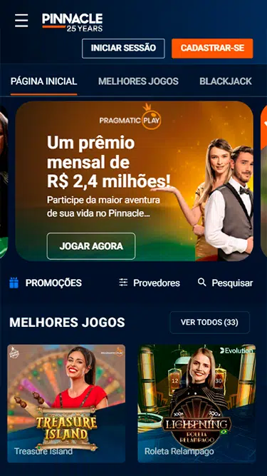 Página da Pinnacle em dispositivos móveis. Ainda que não exista um Pinnacle app, a versão móvel é responsiva e intuitiva. 