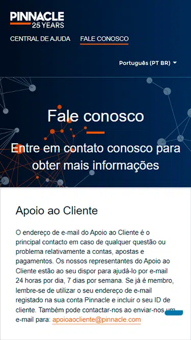 Página de atendimento Pinnacle para o apoio ao cliente. 