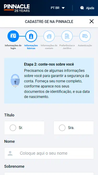 Passo 2 do cadastro Pinnacle: campos para inserir título, nome, sobrenome, etc. 