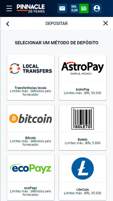 Opções de depósito Pinnacle: transferências locais, AstroPay, Bitcoin, Boleto, ecoPayz, Litecoin, entre outros. 