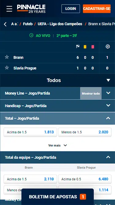 Mercados Pinnacle disponíveis para apostar: money line, handicap, total do jogo, total da equipe, etc. 