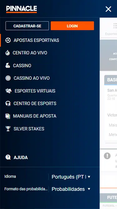 Demonstração da plataforma Pinnacle com as opções de navegação disponíveis: apostas esportivas, centro ao vivo, cassino, cassino ao vivo, esportes virtuais, centro de e-sports, manuais de apostas e silver stakes. 