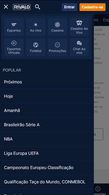 Não existe um Rivalo app, mas o site é responsivo no smartphone. Imagem mostra abas de Esportes, Ao vivo, Cassino, Cassino ao vivo, Esportes Virtuais, Futebol, Promoções e Chat ao vivo.