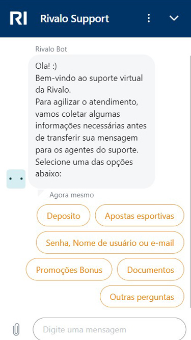 Página de Contato e suporte virtual da Rivalo.