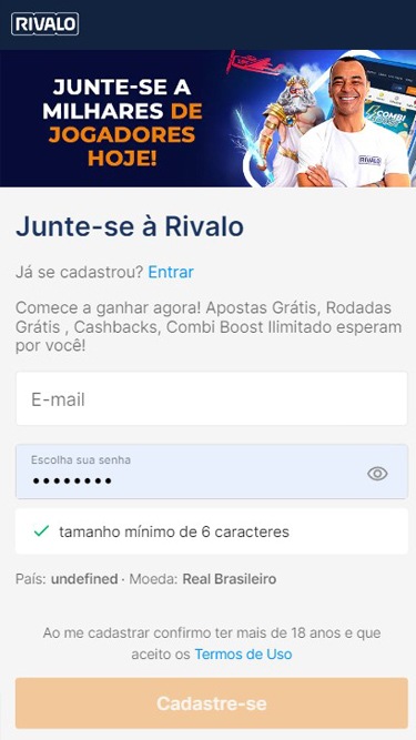 Cadastre-se na Rivalo inserindo e-mail e senha