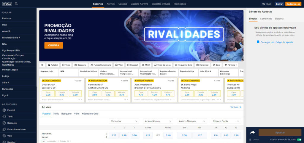 Site da Rivalo. Caracteres branco sobre fundo azul-escuro. Dividido em 3 colunas: Competições populares, futebol ao vivo e bilhete de apostas.