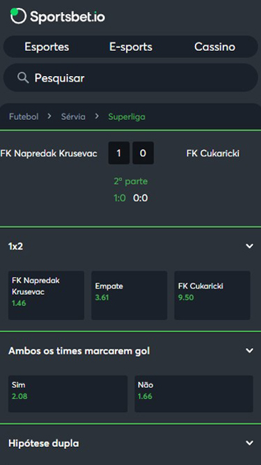Sportsbet.io apostas ao vivo: exemplo de partida Napredak Krusevac vs Cukaricki a contar para Superliga Sérvia. Resultado 1-0 na 2ª parte. É possível apostar em 1x2, Hipótese dupla, ambos os times marcam, etc.