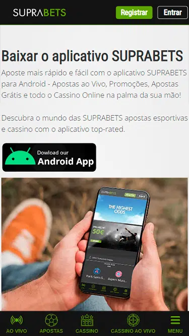 Página do app Suprabets disponível para download em dispositivos Android. 