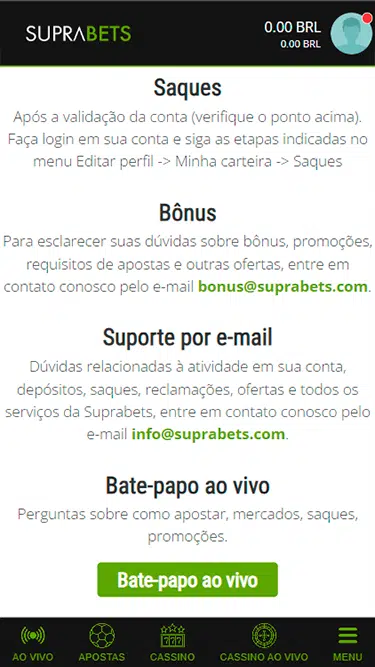 Página de atendimento Suprabets com as opções de contato disponíveis: suporte por e-mail e bate-papo ao vivo. 