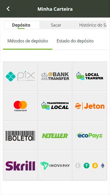 Alguns dos meios disponíveis para fazer depósito Suprabets: Pix, transferência bancária, MasterCard, Jeton, boleto bancário, etc. 