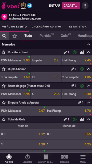 Mercado de apostas VBET tem Resultado final, Dupla chance, Resto do jogo, Empate anula a aposta, Total de gols, e muito mais