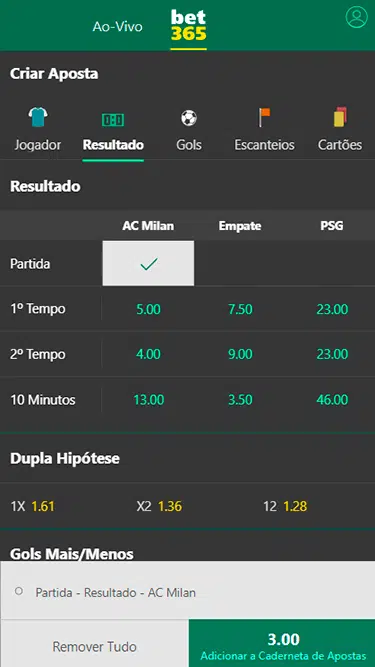 Captura de tela com exemplo de bet365 aposta simples em jogo entre Milan e PSG. 