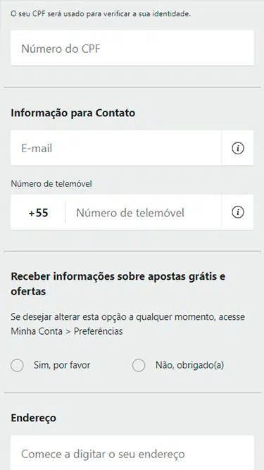 bet365 cadastro passo 2: inserir CPF, e-mail, número de telemóvel, endereço e selecionar se deseja receber informações e ofertas nos seus meios de contato. 