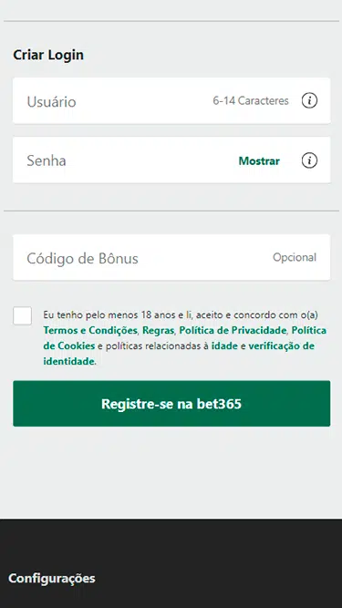 bet365 cadastro passo 3: criar nome de usuário e senha, inserir o código de bônus, confirmar ter 18 anos e aceitar Termos e Condições, concluir cadastro carregando em botão de Registre-se na bet365. 