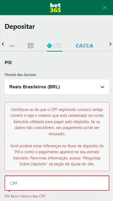 Captura da tela de depósito bet365 com algumas das opções disponíveis: Pix, Boleto, Caixa, Bradesco.