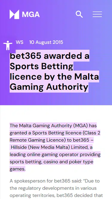 Licença da Malta Gaming Authority que atesta que apostar na bet365 é seguro.