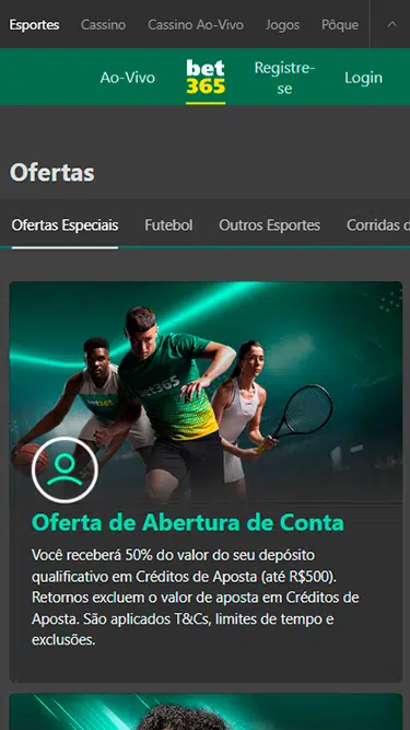 Captura de tela demonstrando bet365 promoções: oferta de abertura, aposta aumentada etc.