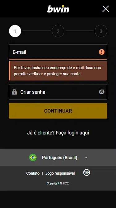 Segundo passo do cadastro bwin: campos para inserir e-mail e senha. 