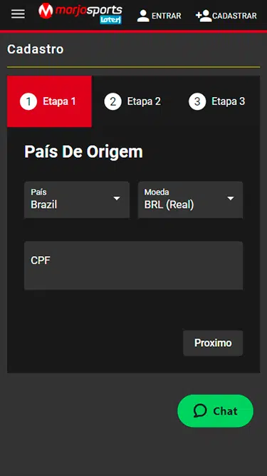 Primeiro passo do cadastro Marjosports: campos para selecionar país, moeda e inserir CPF. 