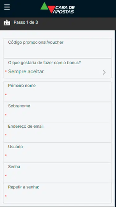 Captura da tela de cadastro Casa de Apostas com os campos a serem preenchidos: código promocional/voucher, primeiro nome, sobrenome, endereço de e-mail, usuário, senha, repetir a senha etc. 