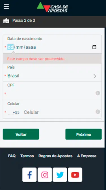 Captura da segunda tela de cadastro Casa de Apostas com os campos a serem preenchidos: data de nascimento, país, CPF e número de celular. 