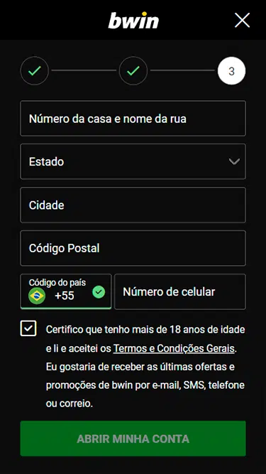 Quarto passo do cadastro bwin: campos para inserir número da casa e nome da rua, estado, cidade, código postal e número de celular. 