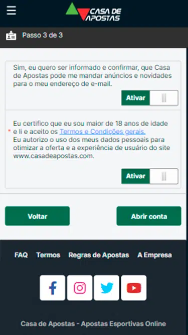 Captura da terceira tela de cadastro Casa de Apostas questionando se o apostador cumpre os termos e condições e se deseja receber anúncios e novidades via e-mail. 