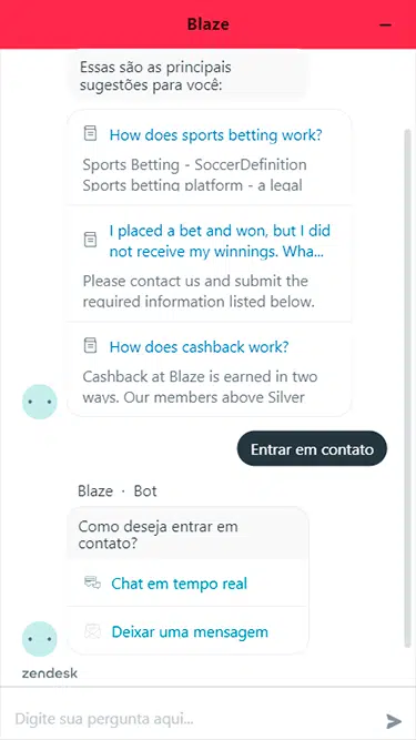 Tela de atendimento da Blaze na qual pode-se ler, ao final, as opções de contato: "chat em tempo real" ou "deixar uma mensagem". 